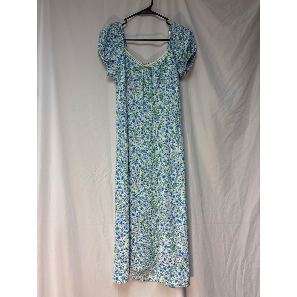 Monteau Los Angeles Blue Green Floral Puff Sleeve Midi Dress Cottagecore XS - Picture 1 of 3